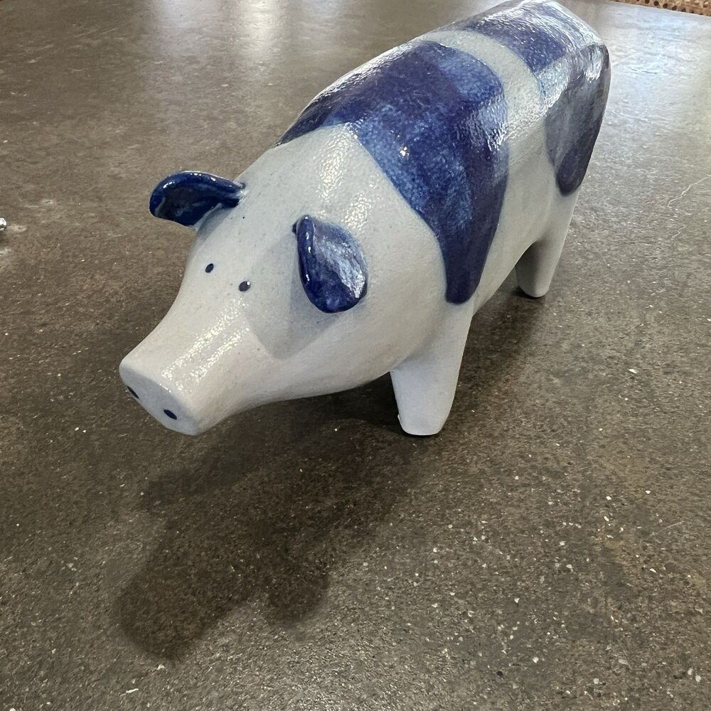 VTG Signed David ELDRETH SALT GLAZED Stonewear Pig COBALT BLUE ON GRAY